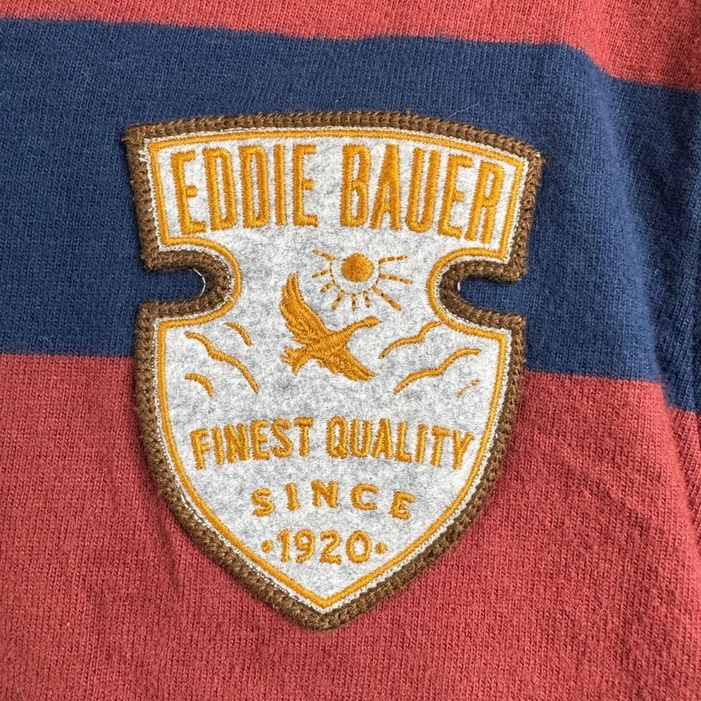 Eddie Bauer Mens‎ Rugby Shirt Medium Red Navy Blue Striped Long Sleeve Cotton